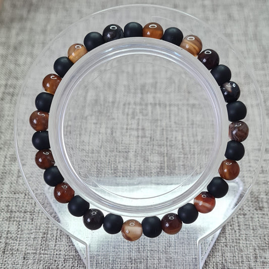 Bracelet en onyx noir et agate brune